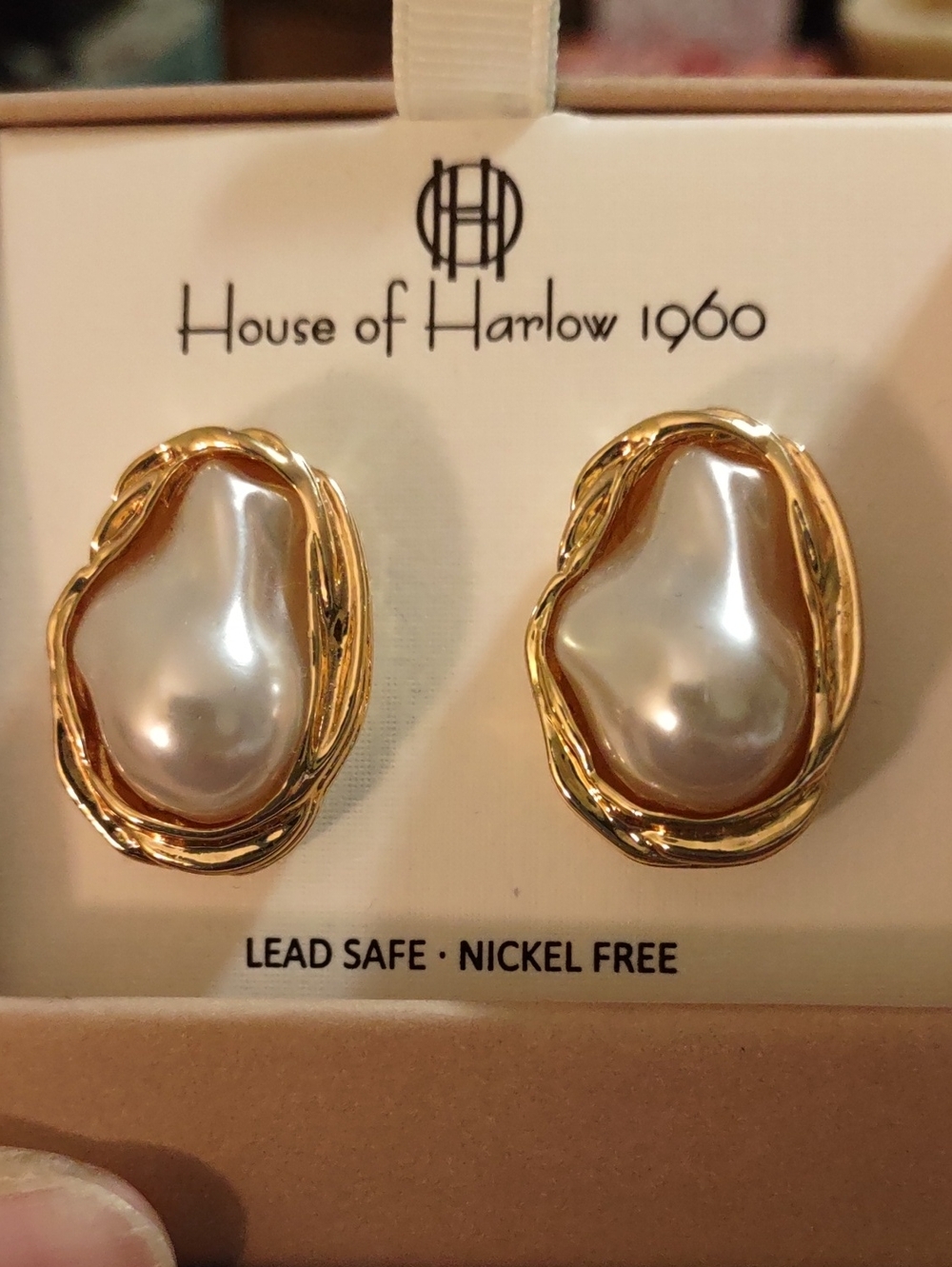 NWT House of Harlow 1960 Baroque Pearl Gold Statement Earrings Boxed